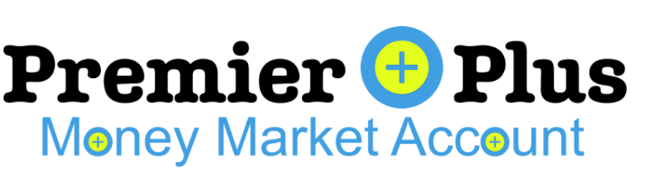 Text reading Premier Plus Money Market Account with a blue circle with a yellow center. In the center of the circle is a blue plus symbol.